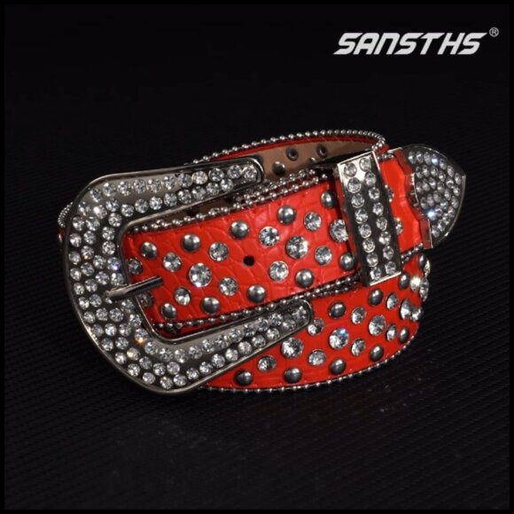 Rhinestone Studded Belt Faux Crocodile Grain Leather Western Style main image 7